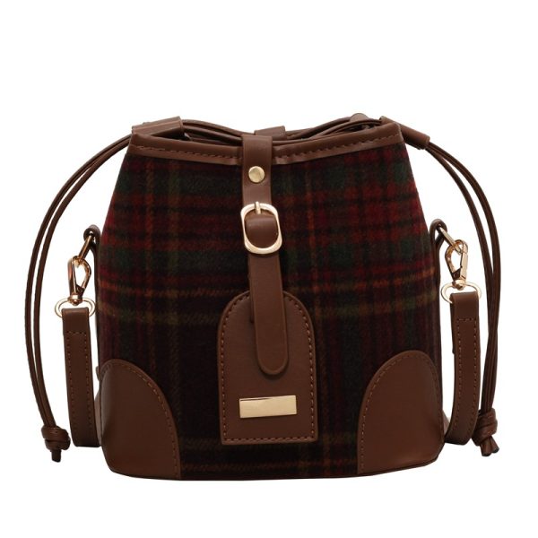 Plaid woolen bucket bag casual drawstring bag fashion Joker Messenger bag - Image 5